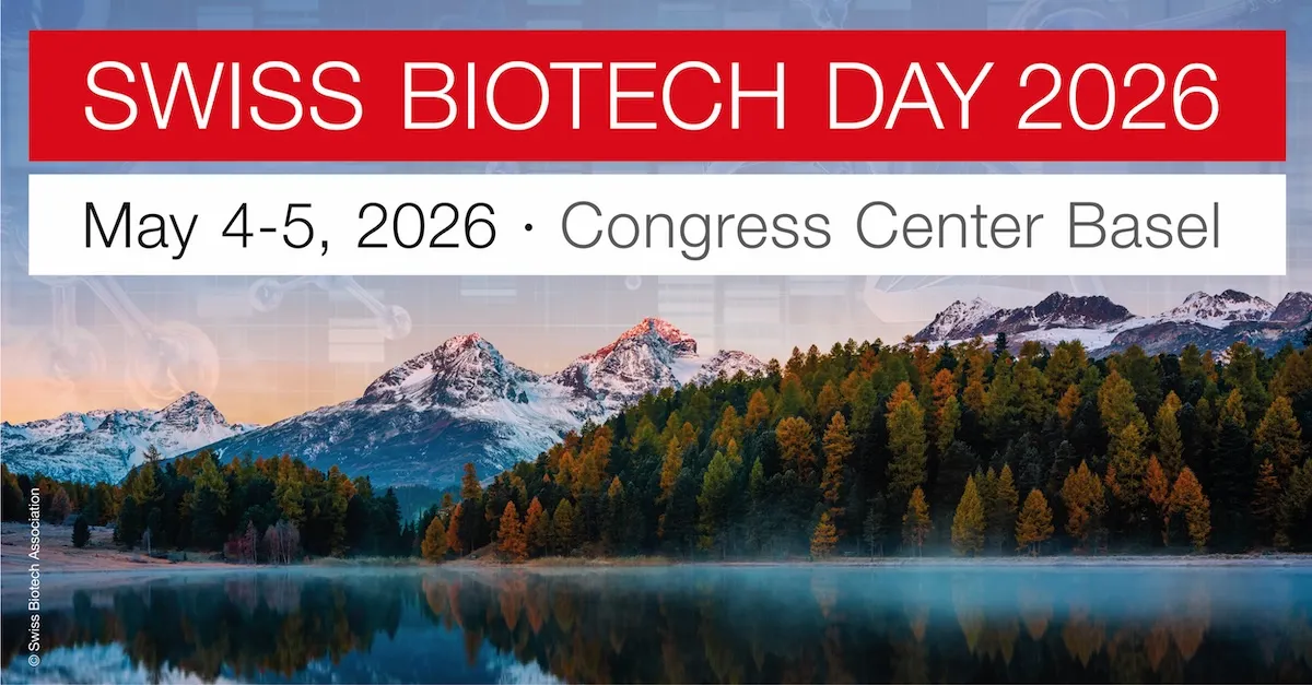 Swiss Biotech Day 2026 branding with mountains in the background